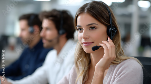 Smiling customer service representative working in call center, wearing headset, providing professional support to clients.
