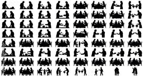 Family Reunion Dinner Scenes Silhouettes Set Pack, Chinese New Year. Editable Vector Stroke Illustration. featuring people, family, cooking, eating, serving, dining, interaction more silhouettes.