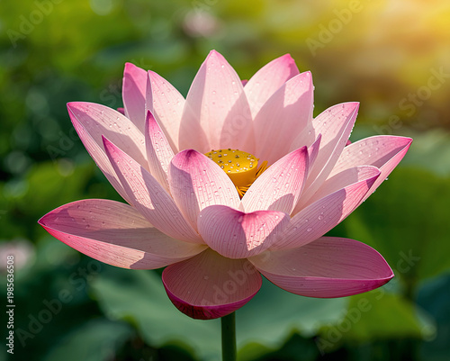 Hyper-realistic Close-up of Blooming Pink Sacred Lotus with Morning Dew Drops