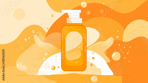 Digital illustration of an orange liquid soap dispenser on an abstract background in warm tones
