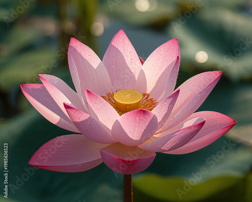 Hyper-realistic Close-up of Blooming Pink Sacred Lotus with Morning Dew Drops