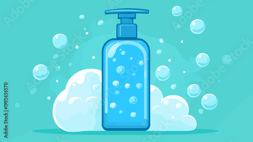 A cartoon illustration of a blue soap dispenser with foam and floating bubbles in a turquoise background