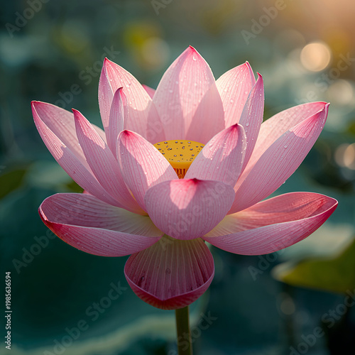 Hyper-realistic Close-up of Blooming Pink Sacred Lotus with Morning Dew Drops