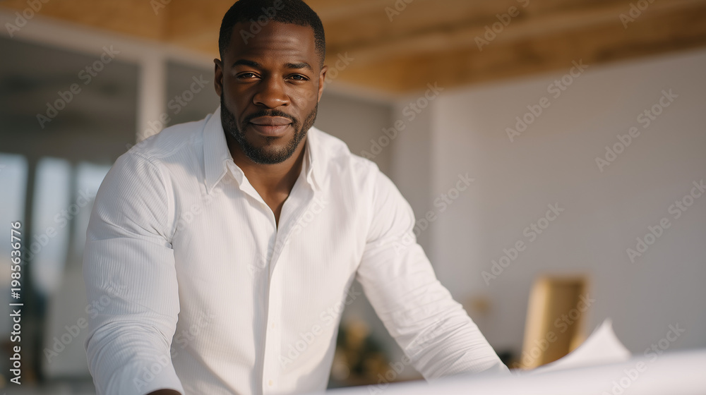 Obraz premium Haitian professional engineer reviewing foreign credentials portfolio at immigration services office, sterile white background, documents spread across table, requalification process, skilled immigr