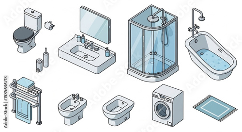 Collection of bathroom fixtures and appliances isometric illustration.