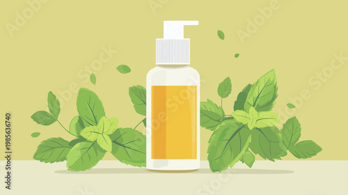 A stylized illustration of a bottle with a pump dispenser, surrounded by fresh green leaves