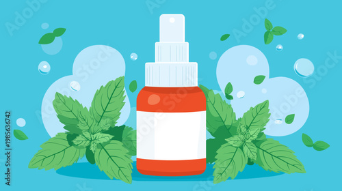 Cartoon image featuring a bottle surrounded by fresh mint and bubbles on a refreshing teal backdrop