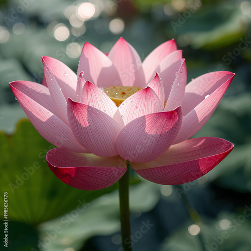 Hyper-realistic Close-up of Blooming Pink Sacred Lotus with Morning Dew Drops