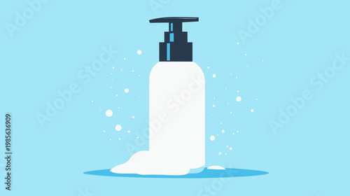 A white pump bottle with a black dispenser and soap suds against a blue background