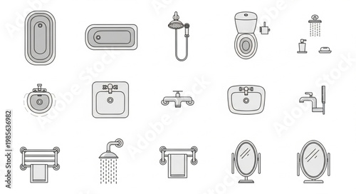 Collection of bathroom fixtures and accessories hand-drawn sketch style.