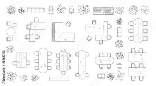 Collection of office furniture top view icons for interior design