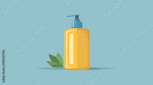 Illustration of a yellow soap dispenser with a blue top and green leaves next to it on blue background