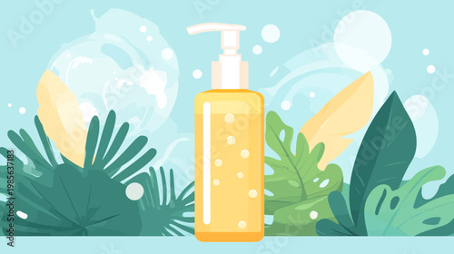 A yellow bottle with soap and pump against a backdrop of leaves, bubbles, and watercolor washes