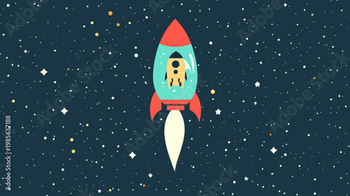 A cartoon rocketship against a dark blue starfield background. Illustration features a simple, flat design