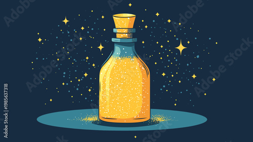 A cartoonish illustration of a glass bottle with golden glitter and stars in the night
