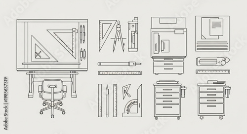 Architectural drawing tools and plans on a drafting table.