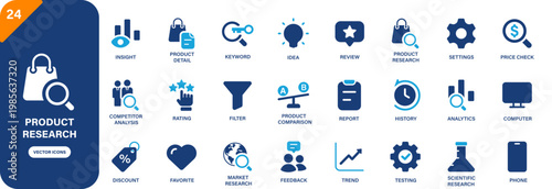 Product research icon collection featuring competitor analysis, product comparison, product detail, price check and market research symbols. Solid vector icons.
