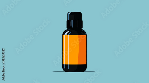 A stylized illustration of a black bottle with an orange label against a light blue background