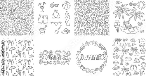 Bundle Of Hand Drawn Summer Doodles And Seamless Patterns Featuring Tropical Palm Trees Beach Elements Sun Ice Cream And Nautical Icons For Creative Seasonal Graphic Designs