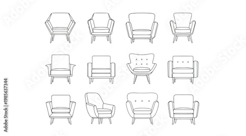 Set of modern armchairs in line art style