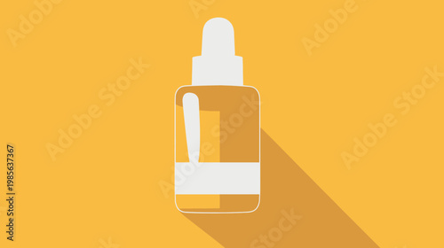 A vector illustration depicts a bottle with a dropper. The minimalist design features a long shadow