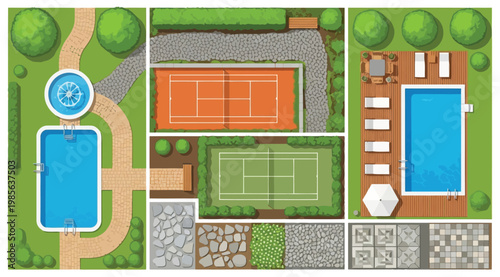 Top view of garden landscape design with pool and tennis courts