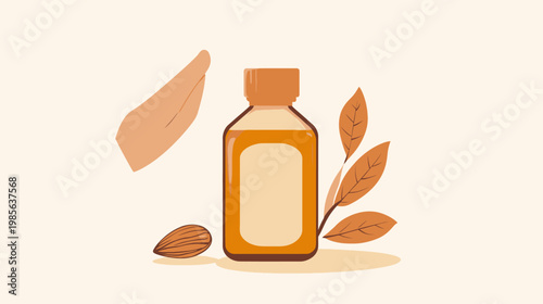 Illustration of a bottle of oil, an almond, a hand, and leaves in a flat design style