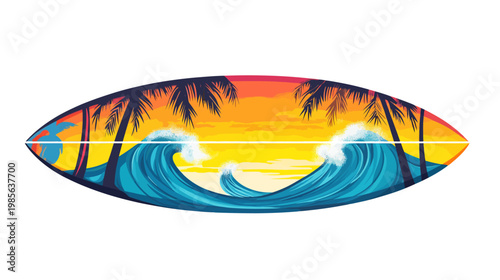 A vibrant, surfboard-shaped illustration featuring ocean waves, palm trees, and a colorful sunset