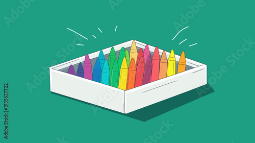 Colorful crayons arranged inside a white box against a green background, with stylized radiating lines