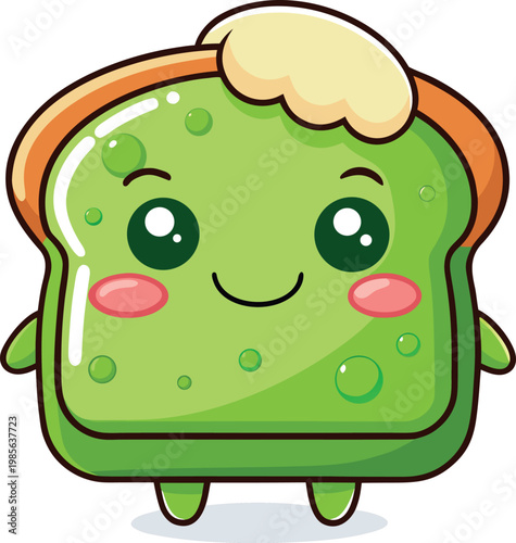 Avocado toast character mascot with melting butter and happy expression flat vector design.
