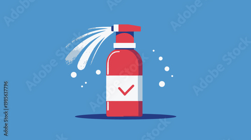 A red spray bottle with white spray bursts against a blue background, with checkmark