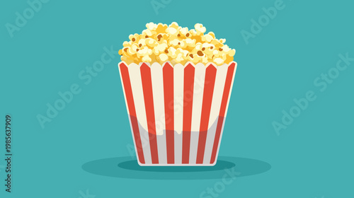 A cartoon depiction of a striped paper container overflowing with freshly popped, yellow popcorn