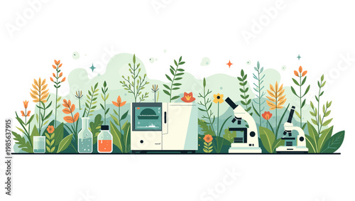 A calming illustration featuring lush greenery and a glass beaker. Perfect for concepts related to natural science, wellness, or eco-friendly branding