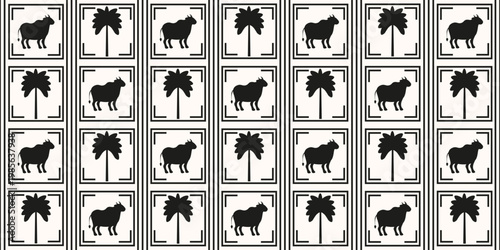 Mandir Wallpaper with sacred cow and palm tree isolated light background. Simple hand drawn Mandir Wall decor with geometric animal ornament. Perfect Wallpaper fabric textile print design. EPS 10