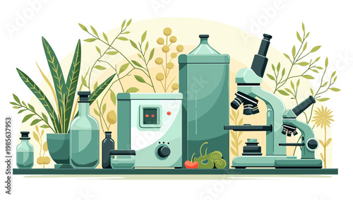 A serene, flat illustration depicting plants and a decorative jar. Ideal for wellness brands, blog imagery, or minimalist design projects, evoking cal