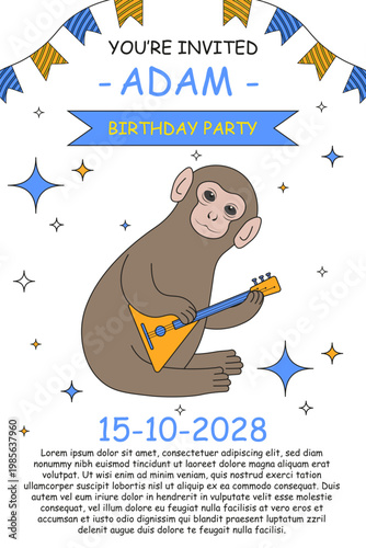 Kids Birthday Invitation flyer with Punch monkey. Vector illustration of Birthday Invitation card with cute baby monkey and holiday ribbon. Birth poster template design with typography. EPS 10