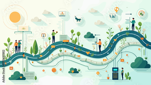 A vibrant illustration depicting upward growth and positive momentum. Perfect for representing business success, strategic planning, or career advance