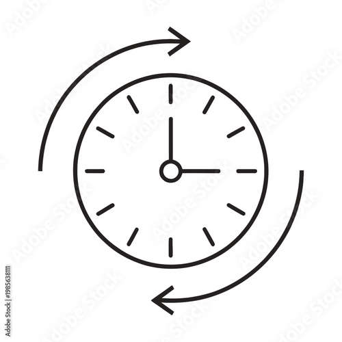 Vector of a clock with arrows rotating around it, symbolizing time reversal or circular motion.