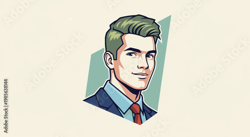 Stylized portrait of a young man in a suit with green hair and blue eyes