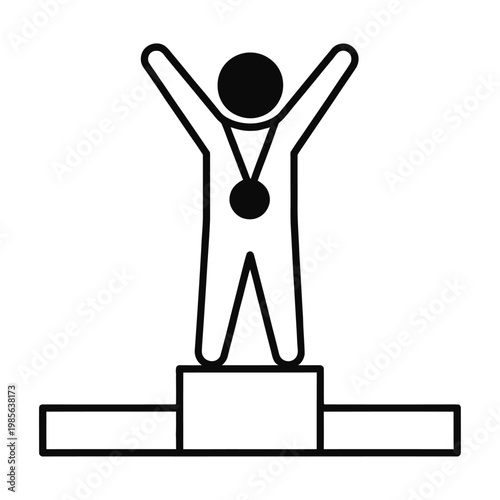 Vector of a triumphant person standing on a podium with arms raised in victory