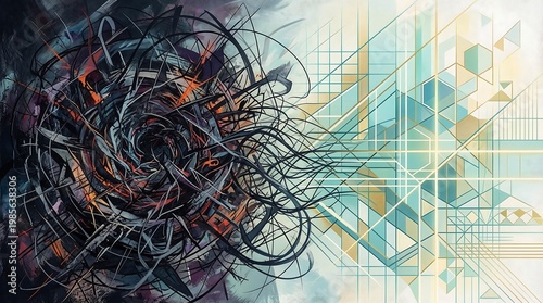 Abstract transition from messy tangled shapes to clean organized lines symbolizing order, clarity, and progress.