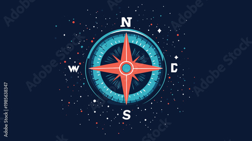A compass graphic showing North, South, East, and West in white with a teal and red star pattern