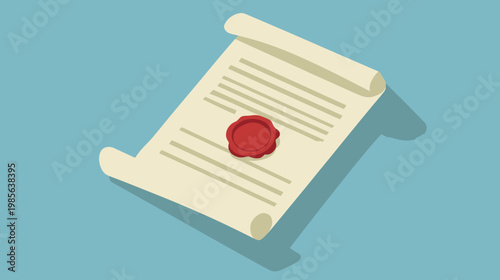 A stylized illustration featuring a scroll with a red wax seal, cast in shadow, on a blue background
