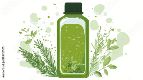Illustration of a green smoothie bottle with herbs, stylized splashes, and a watercolor aesthetic
