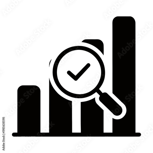 Vector graphic of a magnifying glass with a checkmark over a bar chart, symbolizing data analysis and verification.