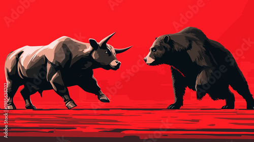 Artistic depiction of a bull and a bear, rendered in shades of brown and black. Red background