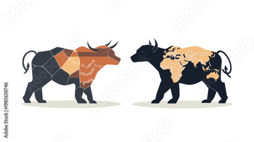 Conceptual illustration showcasing two bull figures, one with stock chart details and other with world map