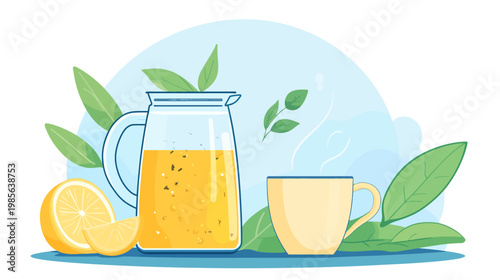 A refreshing, illustrative depiction of tea, lemon slices, a pitcher, and foliage against a soft blue backdrop