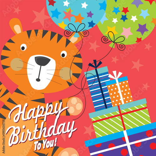 Happy birthday card with tiger, balloons and gifts