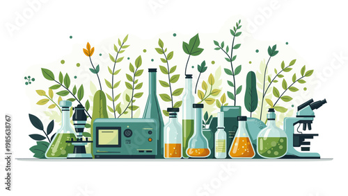 A minimalist illustration showcasing plant life growing within a laboratory beaker. This image evokes themes of scientific research, organic developme